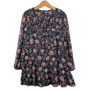 Forever 21 Dress Sz L Black Floral FairyGrunge DarkCottage Ruffled Boho Long Slv